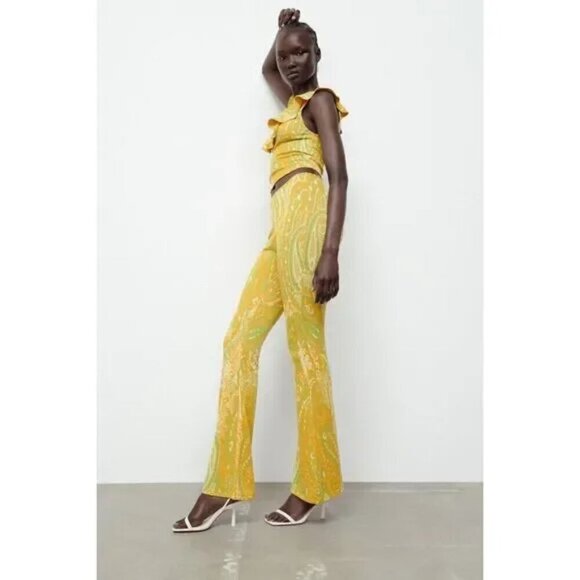NWT Zara Jacquard Yellow and Green Paisley Flare Pants - Picture 4 of 7